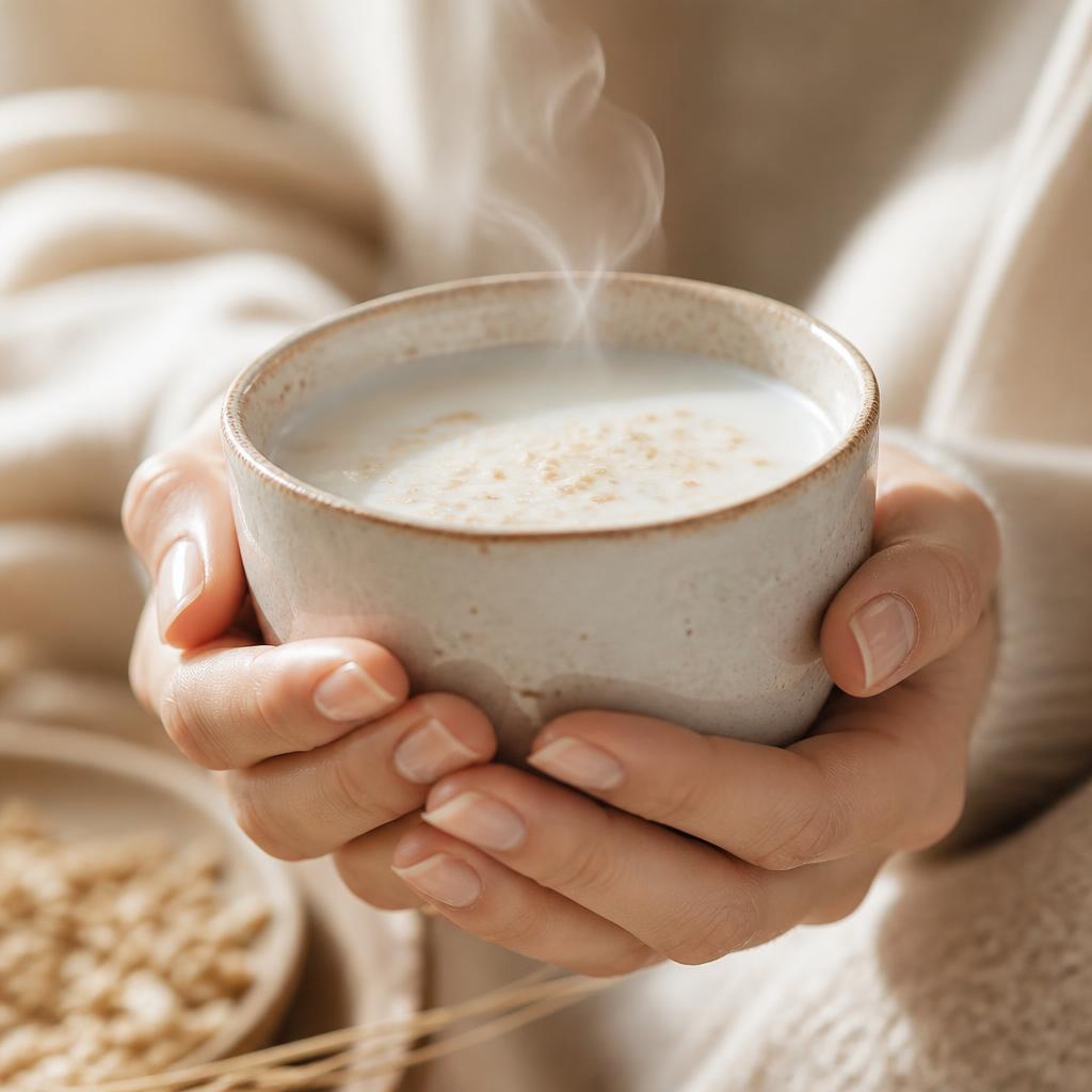 Hands gently holding a warm cup of creamy plant milk