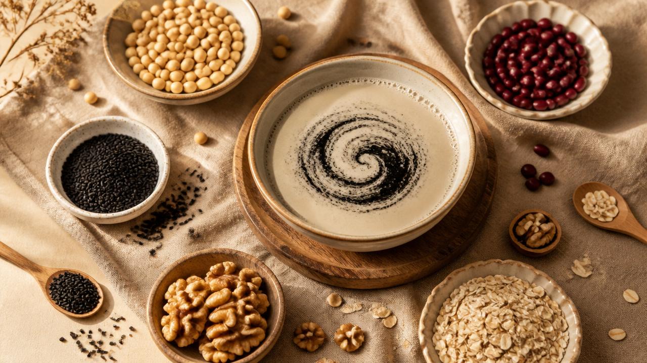 Grain milk with soybeans, black sesame, walnuts, oats, and red beans arranged artfully