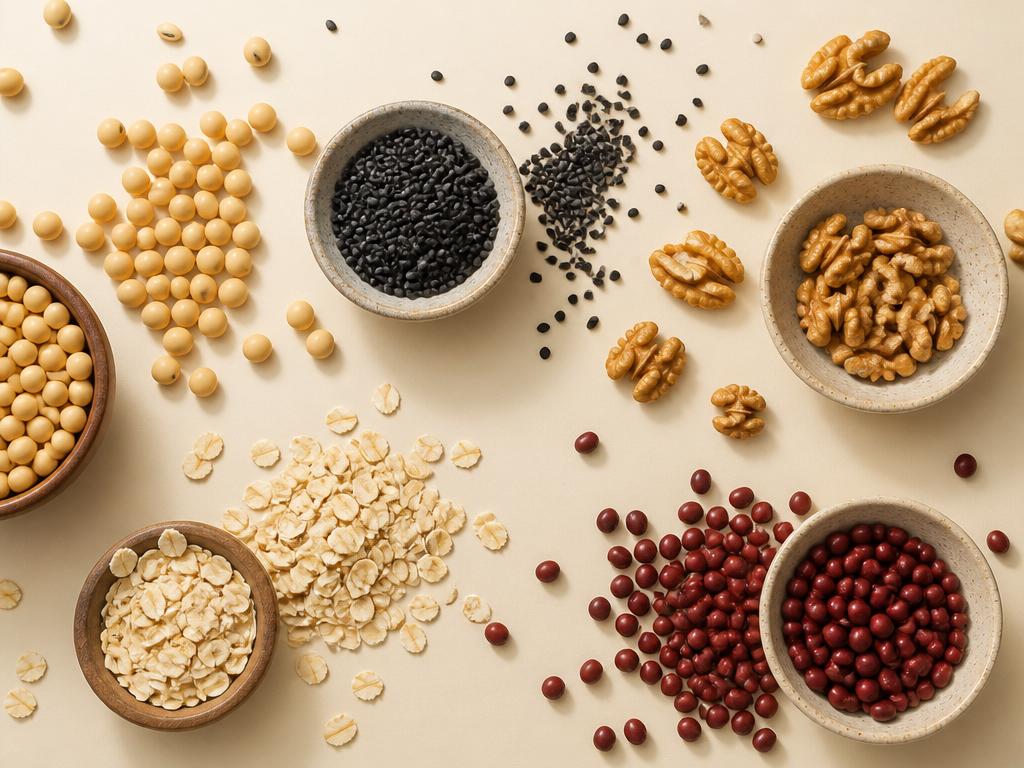 Raw ingredients: soybeans, black sesame, walnuts, oats, and red beans